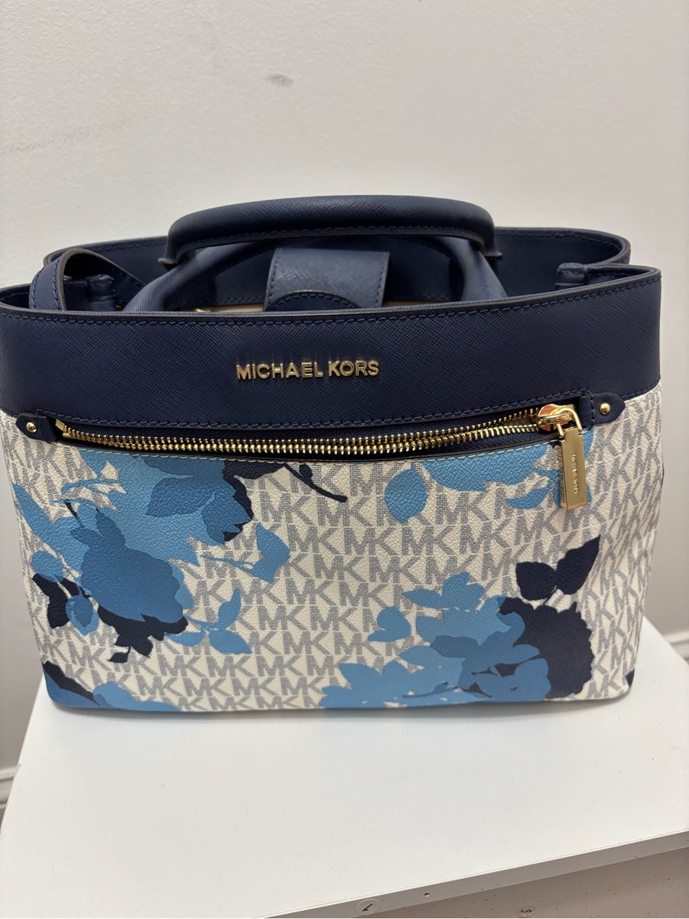 Michael Kors Navy Blue Floral Logo Satchel with Gold Hardware